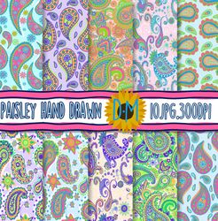 Paisley seamless patterns, 10 Paisley Hand Drawn Digital Paper set for scrapbooking and crafting, Floral Background