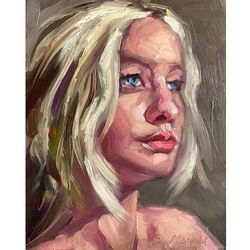 Blonde Girl Painting Original Woman Artwork Oil On Panel 8x8 Inch Female Portrait Painting