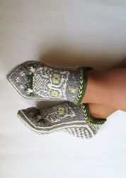 Wool Home Slippers Women Hand Knitted House Shoes with Norwegian Owl Scandinavian Slipper Socks Christmas Gift for Her