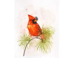 Northern Cardinal original watercolor painting red bird on a branch wall art small artwork abstract nursery wall decor