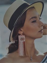 Beige brown beaded stripe earrings with tassels. Boho fringe dangling beadwork earrings. Summer beach trend Gift for her