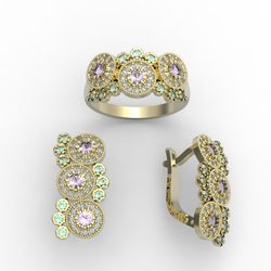 3d model of a jewelry ring and earrings with a large gemstones for printing. Engagement ring and earrings. 3d printing