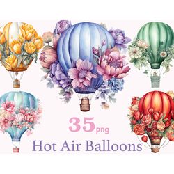 Floral Hot Air Balloons Clipart | Nursery Illustration Set