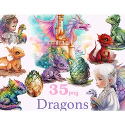Dragon Clip Art Bundle | Little Girl Illustration