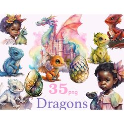 Cute Dragon Clipart Bundle | Little Girl Clipart