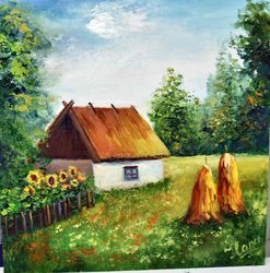 House in the village. Painting with a brush and palette knife.
