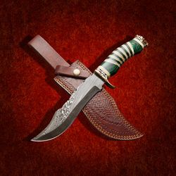 knife skinner custom handmade bowie damascus steel  hunting knife with leather sheath hunting knife  hand forged mk5080m