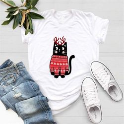 Cat With Christmas Shirt, Meow Print Trendy Womens Mens Unisex Kitty Pussy Cat T-Shirt, Xmas Family, Christmas Shirt,Chr