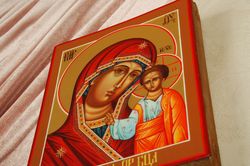 Virgin Mary Icon on wood Hand Painted Orthodox collectible religious art gift