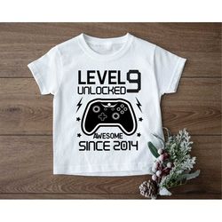 9th Birthday Shirt,Level Unlocked Awesome Since 2014 Birthday Shirt, Kid Gamer Nine Birthday Tee, Funny Boys Girls Ninth