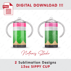 2 Green Pencils Sublimation Designs - Seamless Sublimation Templates - 12 oz SIPPY CUP - Full Cup Wrap