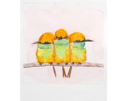 Three green bee eaters original watercolor painting little yellow birds wall art tropical exotic bird nursery wall decor