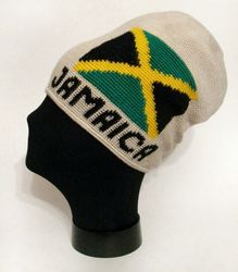 Rasta Hat for Dreadlocks Embroidery JAMAICA. Beige Crochet Cap . Handmade Hand Knitting . Green Yellow Red