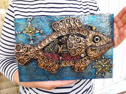 Steampunk Fish - small 3D art, cool gift for fisherman, industrial art, wall decor, mechanical animal, nautical theme