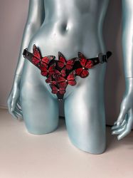 women's genuine leather panties harness with butterflies,, leather harness, chest harness, whip and cake