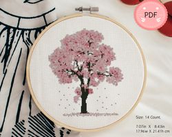 Cross Stitch Pattern ,Cherry Blossom Tree ,Instant Download ,PDF, Botanical,Watercolor Sakura Tree,Pink