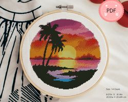 Cross Stitch Pattern,Sunset With Plams,Ocean Wave ,Pdf,Instant Download , Sea X Stitch Chart,Beach Needlework,Coastal