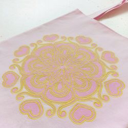Shopper Bag  Author's Embroidery Hand-painted Yellow Mandala. Pink Eco Tote cotton