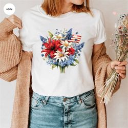 Floral American Flag Shirt, Memorial Day Graphic Tees, 4th of July Gifts, Independence Day, American Flower Bouquet Tee,