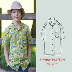 Shirt sewing pattern and video tutorial, kids sizes 3-12Y, Easy Tropical shirt PDF sewing pattern for beginners