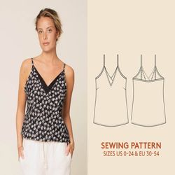 V-neck cami sewing pattern PDF for women, Strap top camisole, easy sewing project for beginners, instant download
