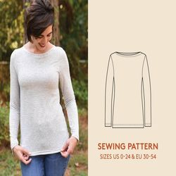 T-shirt sewing pattern, Easy sewing project for beginners, Women's T-shirt PDF pattern in size US 0-24 and EU 30-54