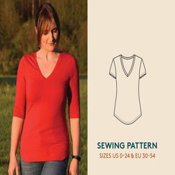 Basic fitted T-shirt pattern for women / V-neckline T-shirt PDF sewing pattern/ easy sewing project for beginners