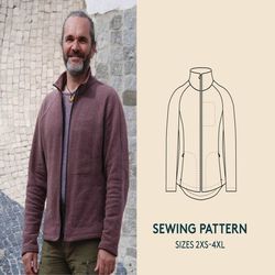 Fleece sweater Jacket PDF sewing pattern and video tutorial, mens sizes 2XS-4XL, hoodie sewing pattern, Instant download