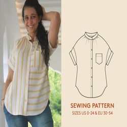 Button-up shirt PDF sewing pattern with gathers at the neckline, Blouse sewing pattern for womens sizes 0-24/30-54