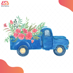 Watercolor Painting Vintage Truck Flowers Svg, Flower Svg, Flower Truck Svg, Blue Tru