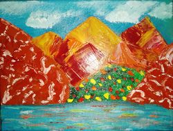 Mountain and sea landscape poster Oil impasto painting