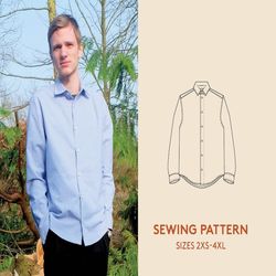 Shirt Sewing pattern and video tutorial, men's sizes 2XS-4XL, Button-down shirt PDF sewing pattern, instant download