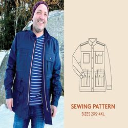 Men's outdoor jacket sewing pattern, sizes 2XS-4XL, Utility military jacket, Men's adult PDF sewing pattern