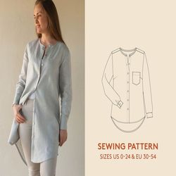 Shirt Dress sewing pattern, women's sizes 0-24 / 30-54, Blouse and dress PDF sewing pattern. Instant download