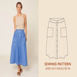 skirt sewing pattern, midi skirt pattern, sizes 0-24/30-54, easy sewing for beginners