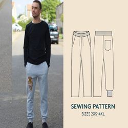 Pants sewing pattern for men and video tutorial, sweatpants PDF pattern in sizes 2XS-4XL, Easy sewing project