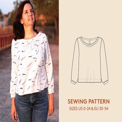 Blouse sewing pattern and video tutorial, sizes US 0-24/EU 30-54, Women's PDF sewing pattern