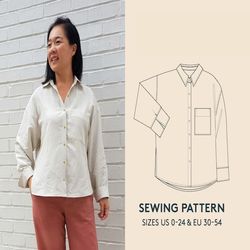 Women's shirt PDF sewing pattern and video tutorial, sizes US 0-24/EU 30-54, easy sewing project for beginners