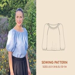 Blouse sewing pattern, Sewing Video Tutorial, Women's sizes US 0-24 / Euro 30-54, peasant blouse with gathers