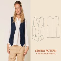 Vest PDF sewing pattern and sewing Video Tutorial, women's sizes US 0-24/EU 30-54, Gilet waistcoat pattern