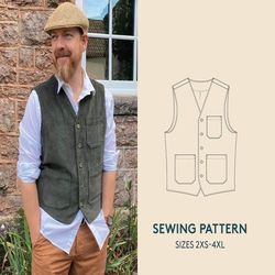Vest PDF sewing pattern and Video Tutorial, men's sizes 2xs-4xl, Gilet waistcoat sewing pattern instant download