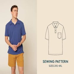 Polo shirt sewing pattern, sewing video tutorial, men's sizes 2XS-4XL, golf shirt PDF pattern for men