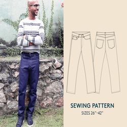 Jeans sewing pattern and video tutorial, Size 26"- 42", Men's baggy five pocket jeans PDF sewing pattern