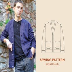 cardigan pdf sewing pattern for men sizes 2xs-4xl, men's sweater sewing pattern, instant download