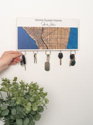 Wooden Key Holder, Personalized Key Holder for Wall, Custom Wedding Gifts, New Home Gift, City Map, Xmas Gift
