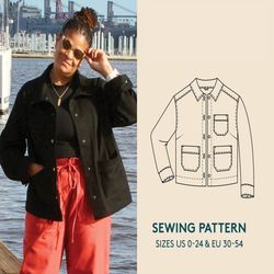Jacket sewing pattern and video tutorial, women's sizes US 0-24/Euro 30-54, Overshirt jacket PDF sewing pattern