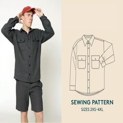 overshirt sewing pattern and video tutorial, sizes 2xs-4xl, men's heavy shirt pdf sewing pattern for heavy fabric