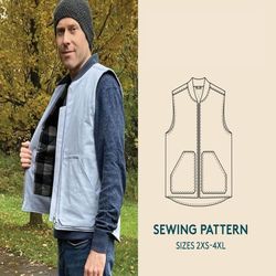 Vest PDF sewing pattern and video tutorial, men's Sizes 2XS-4XL, Quilted vest, Gilet sewing pattern