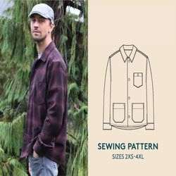Men's Overshirt jacket sewing pattern and video Tutorial, sizes 2XS-4XL, Shirt PDF sewing pattern, Instant download