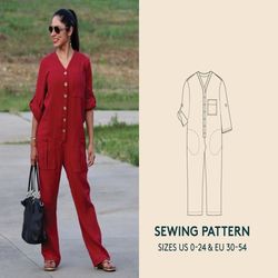 Jumpsuit sewing pattern in sizes US 0-24/EU 30-54 PDF, Playsuit sewing pattern, Boiler suit, instant download